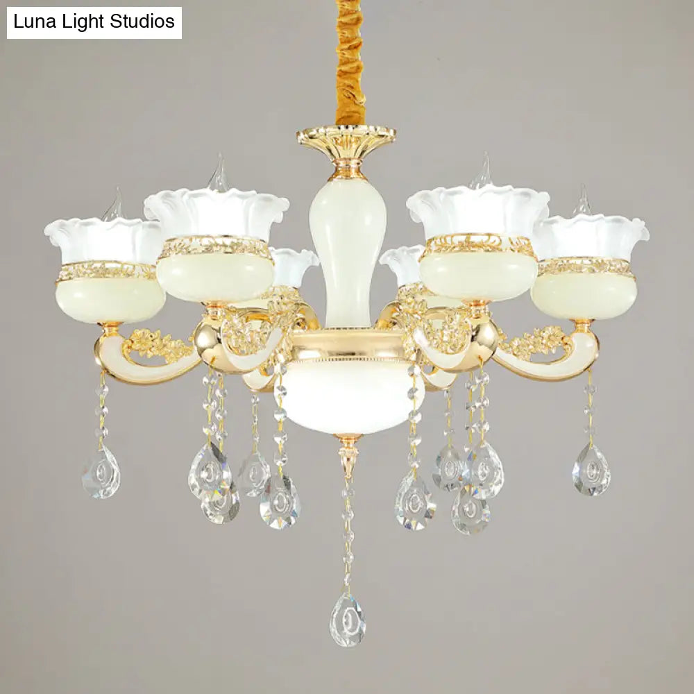 Modern Gold Chandelier With White Glass Shade - 6 Heads Ruffle-Edge Pendant For Bedroom Ceiling