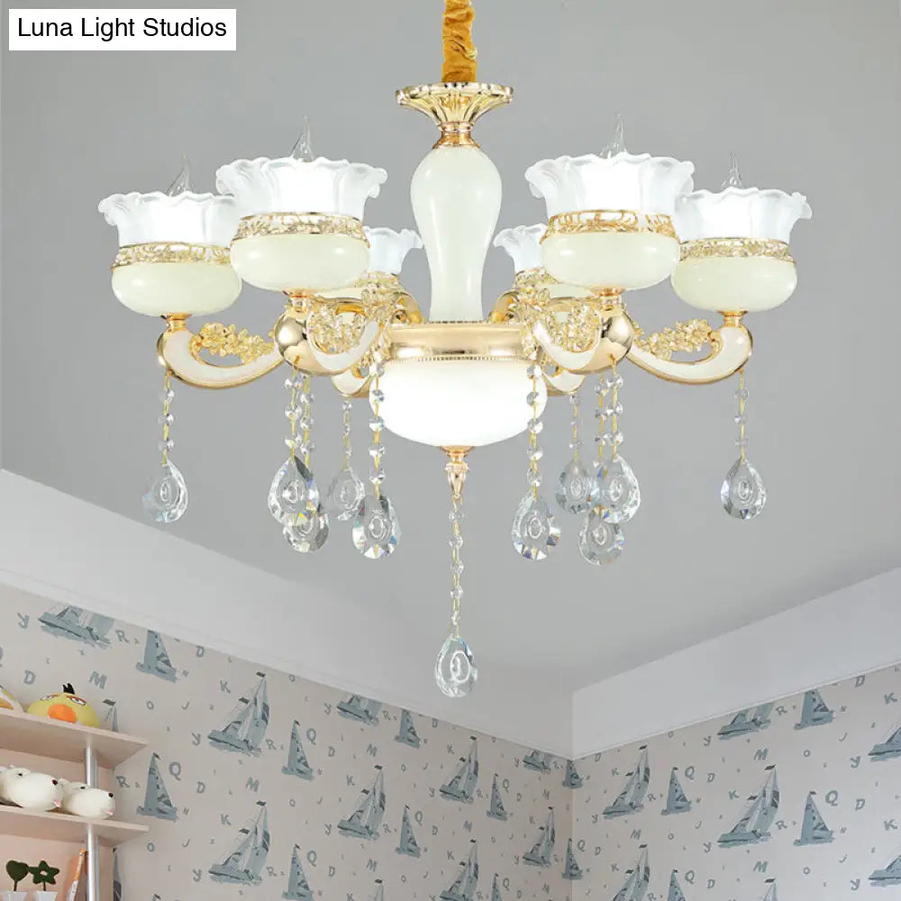 Modern Gold Chandelier With White Glass Shade For Bedroom Ceiling - 6 Head Pendant Ruffle-Edge Jar