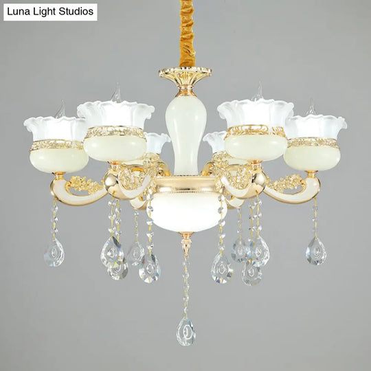 Modern Gold Chandelier With White Glass Shade - 6 Heads Ruffle-Edge Pendant For Bedroom Ceiling