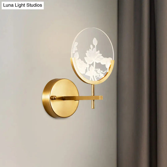 Modern Gold Circle Panel Led Wall Sconce With Lotus Pattern In White/Warm Light