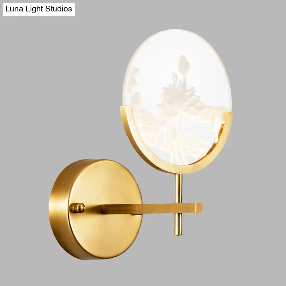 Modern Gold Circle Panel Led Wall Sconce With Lotus Pattern In White/Warm Light