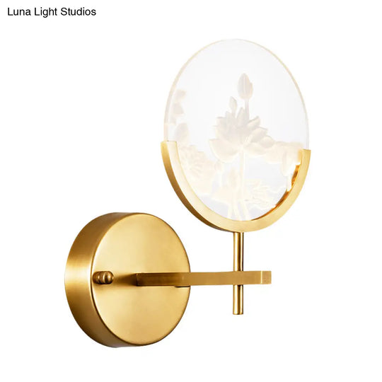 Modern Gold Circle Panel Led Wall Sconce With Lotus Pattern In White/Warm Light