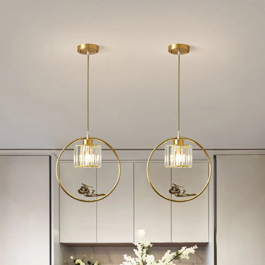 Modern Gold Circle Pendant With Crystal Cylinder Down Lighting For Dining Room – Includes