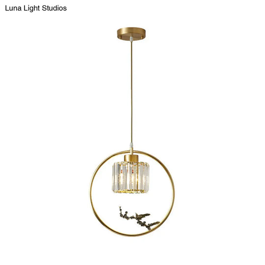 Modern Gold Circle Suspension Pendant With Decorative Bird/Dragonfly - Crystal Cylinder Dining Room