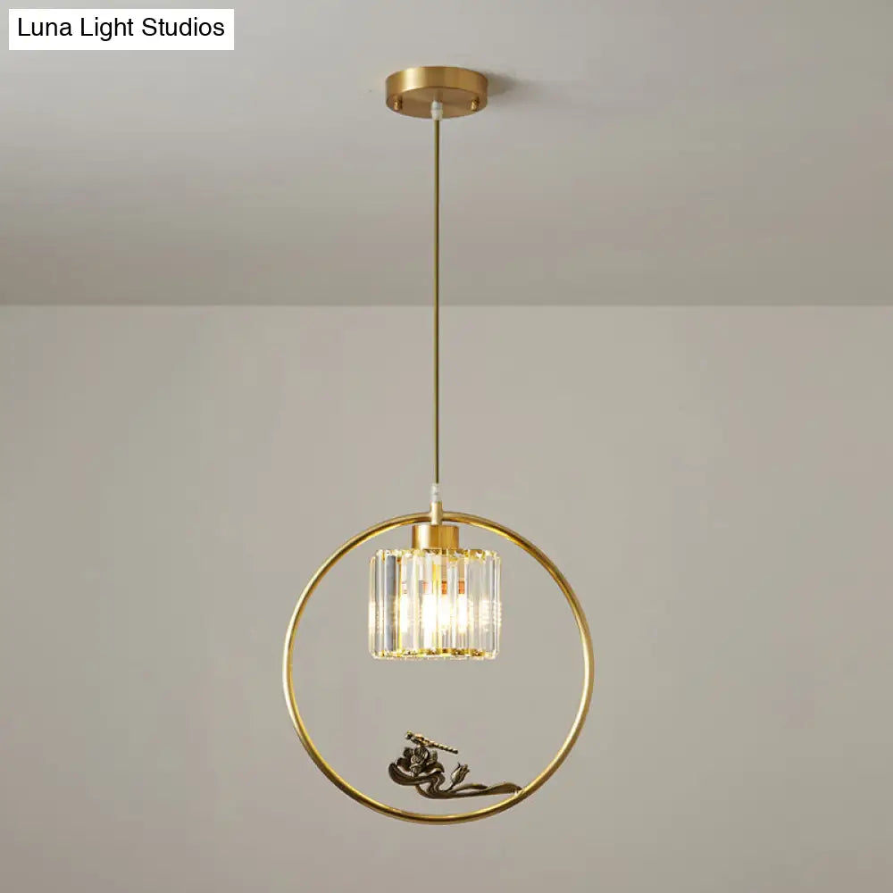 Modern Gold Circle Suspension Pendant With Decorative Bird/Dragonfly - Crystal Cylinder Dining Room