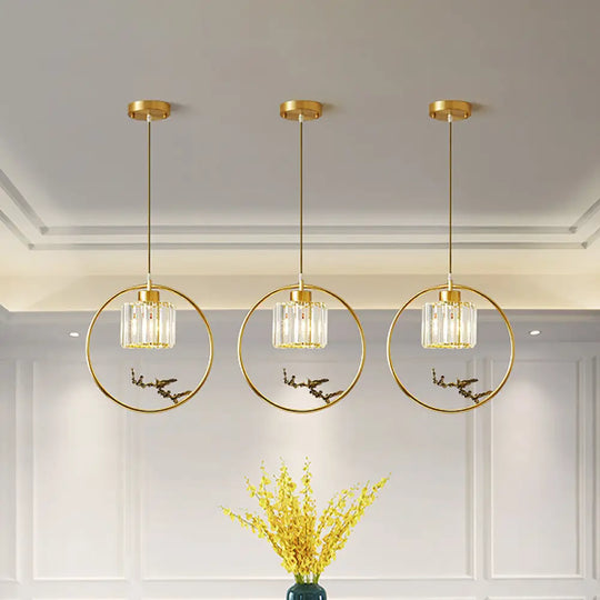 Modern Gold Circle Pendant With Crystal Cylinder Down Lighting For Dining Room – Includes