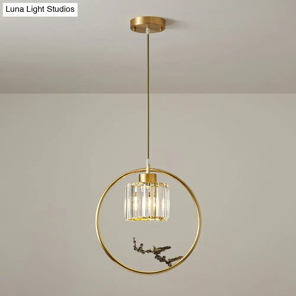 Modern Gold Circle Pendant With Crystal Cylinder Down Lighting For Dining Room – Includes