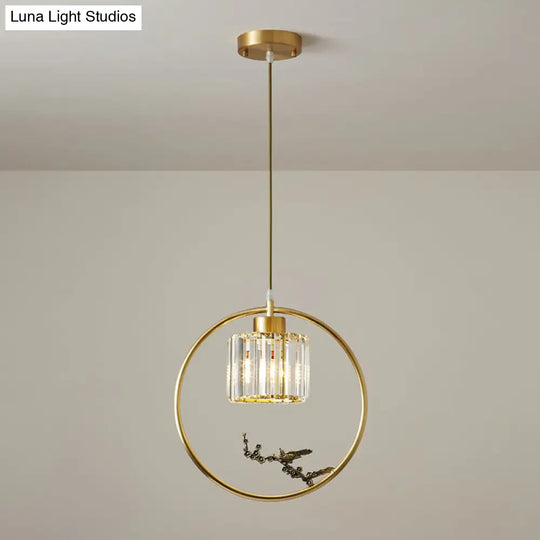 Modern Gold Circle Pendant With Crystal Cylinder Down Lighting For Dining Room – Includes