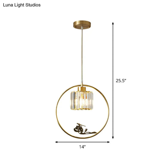 Modern Gold Circle Suspension Pendant With Decorative Bird/Dragonfly - Crystal Cylinder Dining Room