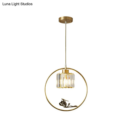 Modern Gold Circle Suspension Pendant With Decorative Bird/Dragonfly - Crystal Cylinder Dining Room