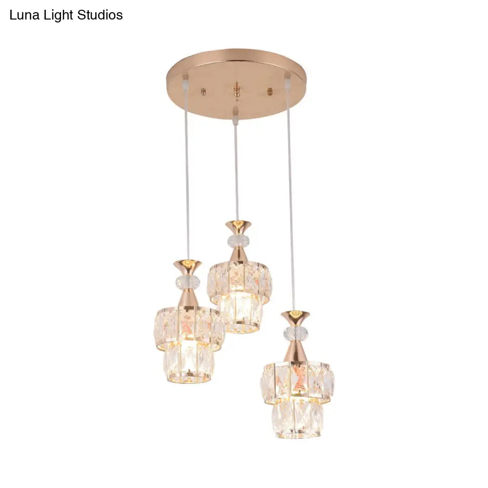 Modern Gold Cluster Light Pendant With Beveled Crystal Blocks - 2 Layers 3-Head Hanging Lamp Kit