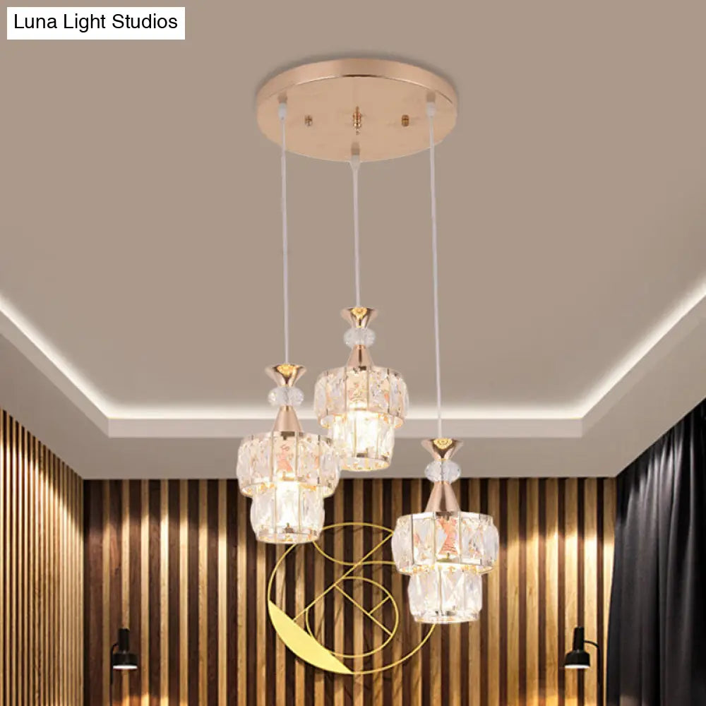 Modern Gold Cluster Pendant Light - 2 Layers 3-Head Beveled Crystal Blocks