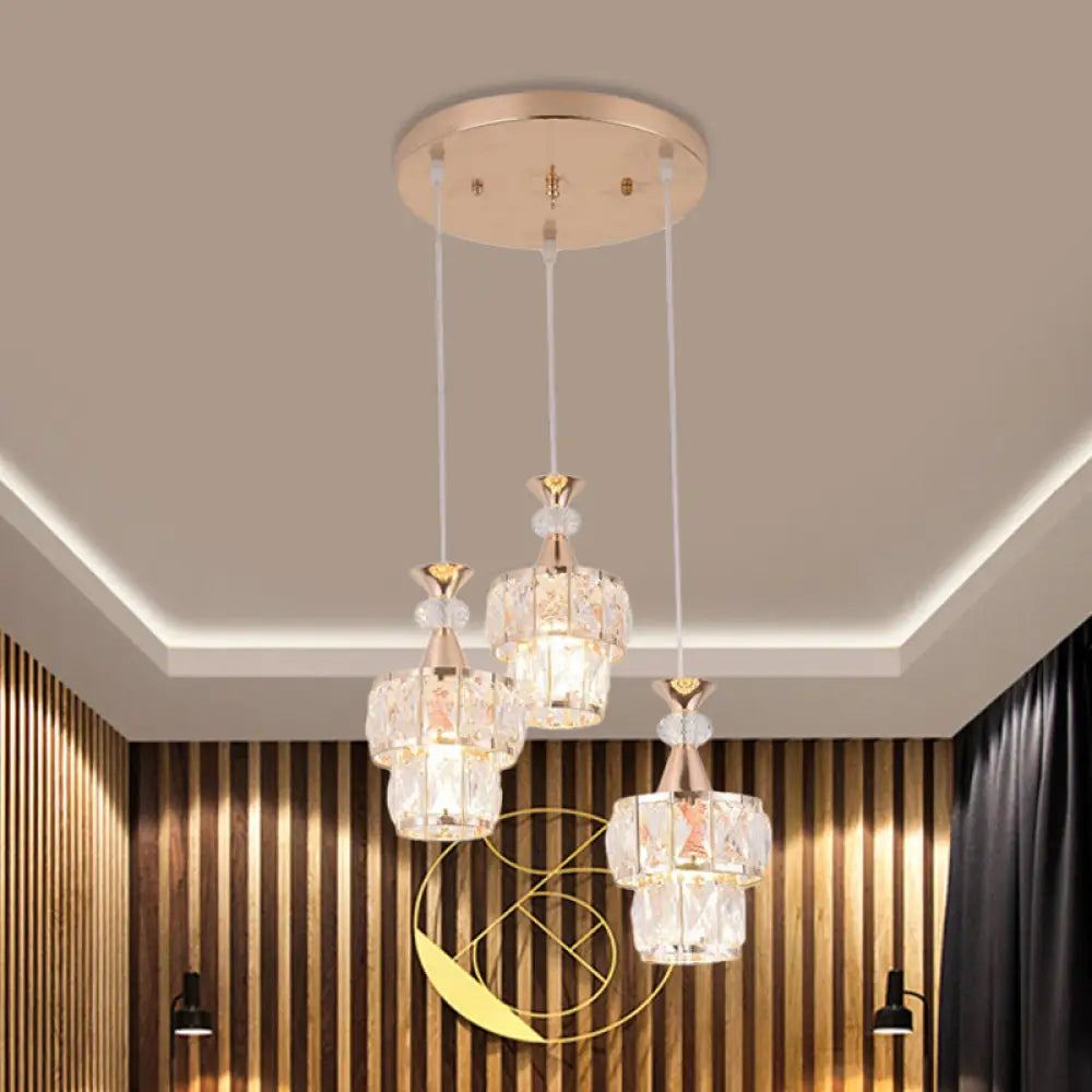 Modern Gold Cluster Light Pendant With Beveled Crystal Blocks - 2 Layers 3-Head Hanging Lamp Kit