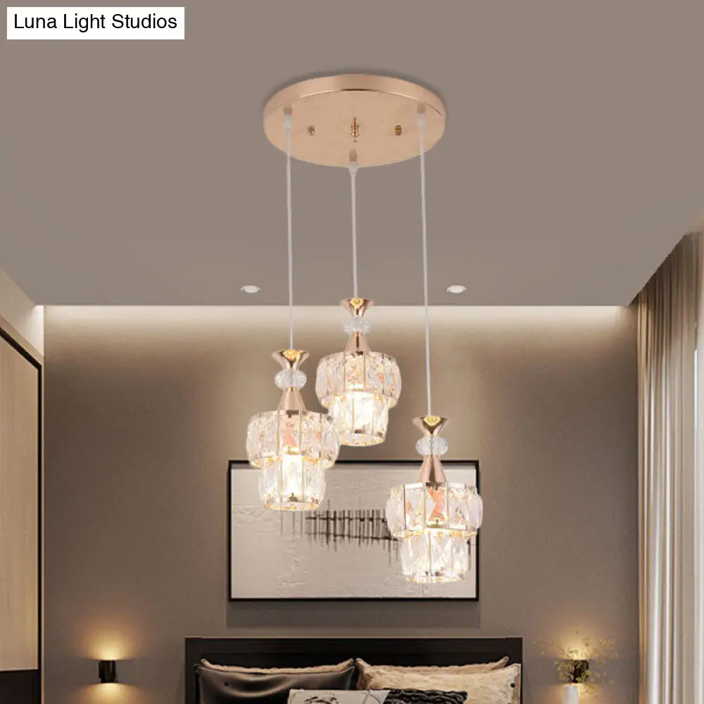 Modern Gold Cluster Pendant Light - 2 Layers 3-Head Beveled Crystal Blocks