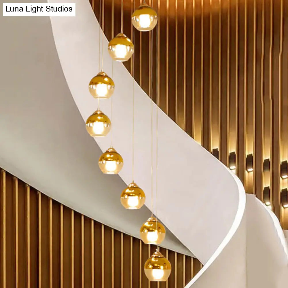 Modern Clear Glass Gold Ball Cluster Pendant Lamp With Stair Led Ceiling Hang - 8-Head Fixture