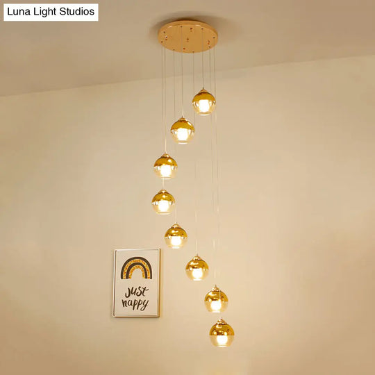 Modern Clear Glass Gold Ball Cluster Pendant Lamp With Stair Led Ceiling Hang - 8-Head Fixture