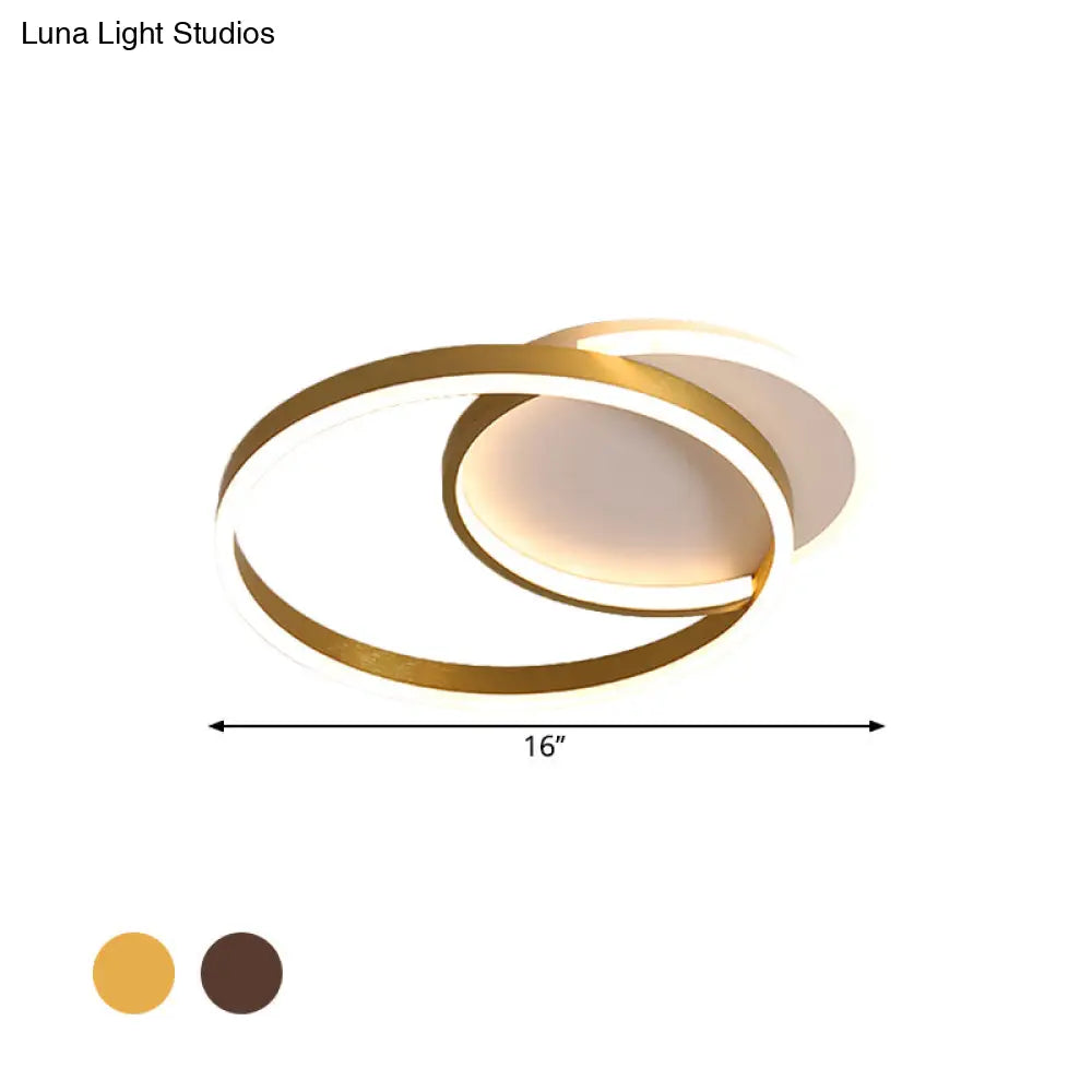 Modern Gold/Coffee Double Hoop Flush Ceiling Light - Led Metallic Mount Fixture (16/19 Width) For