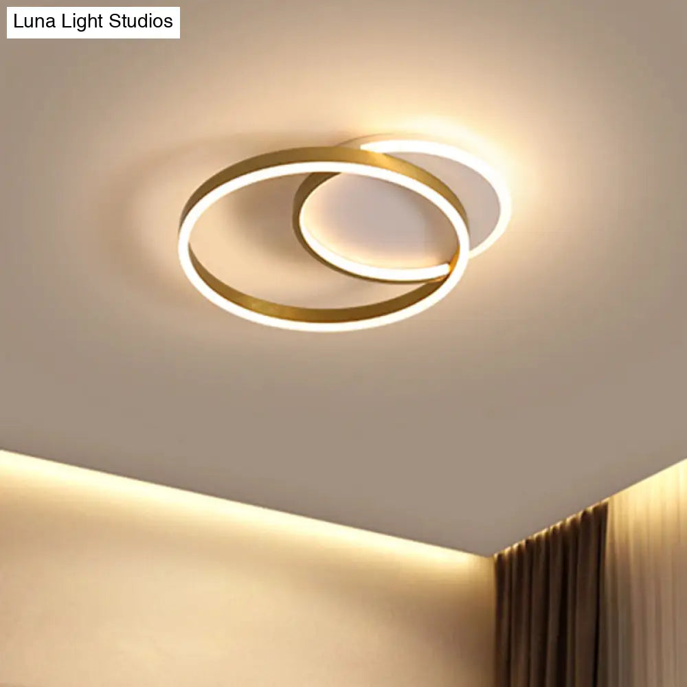 Modern Gold/Coffee Double Hoop Flush Ceiling Light - Led Metallic Mount Fixture (16/19 Width) For