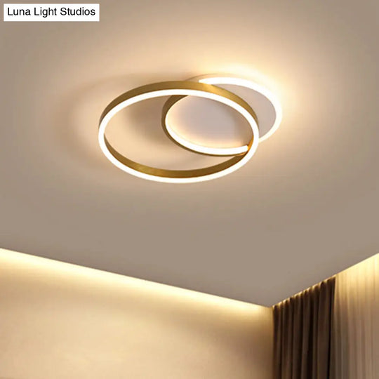 Modern Gold/Coffee Double Hoop Flush Ceiling Light - Led Metallic Mount Fixture (16/19 Width) For