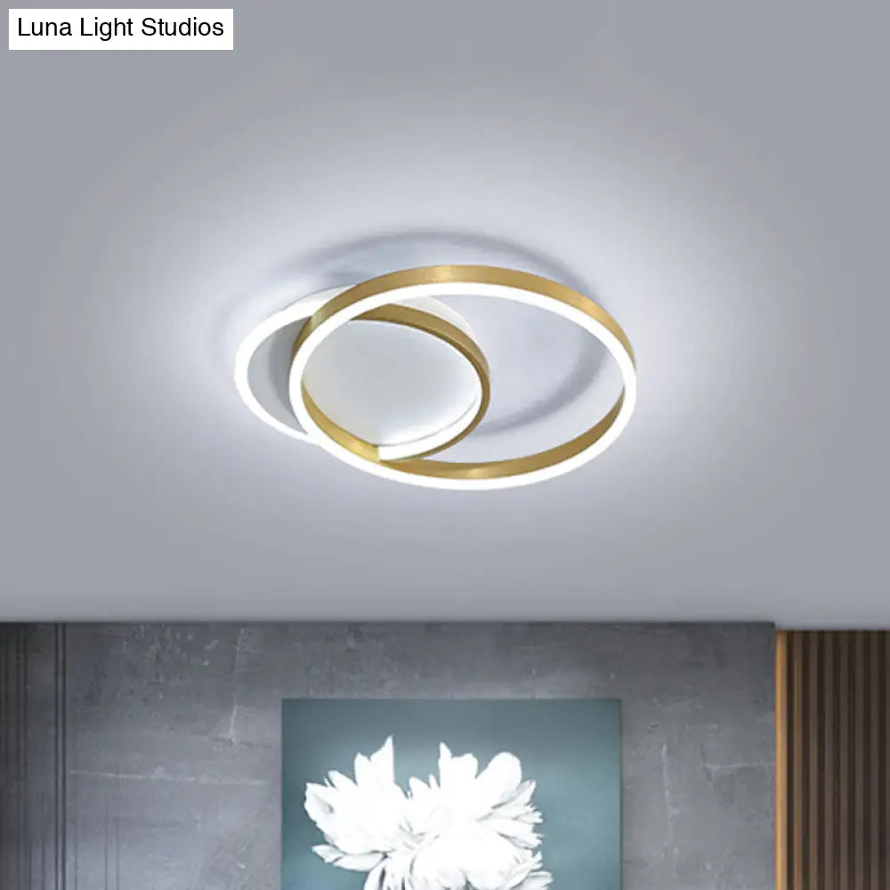 Modern Gold/Coffee Double Hoop Flush Ceiling Light - Led Metallic Mount Fixture (16/19 Width) For