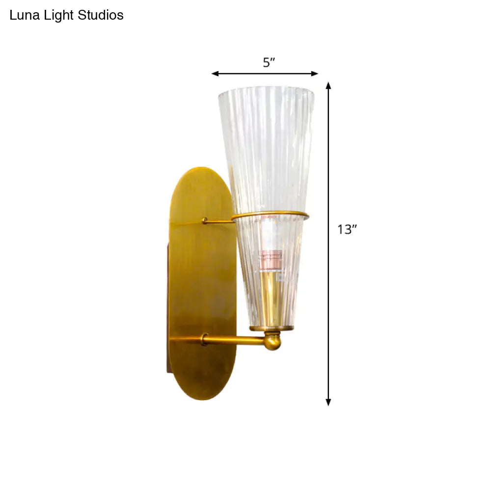 Modern Gold Cone Wall Sconce With Ribbed Glass Shade