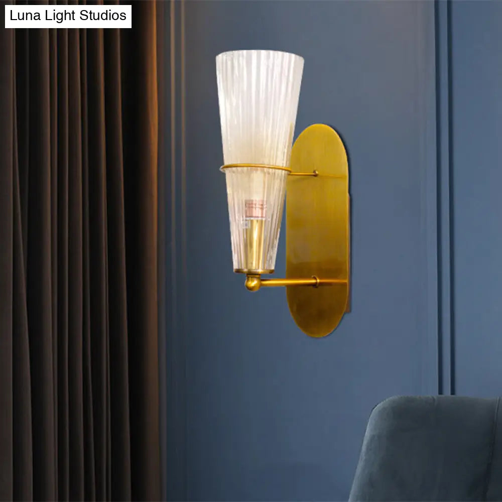 Modern Gold Cone Wall Sconce With Ribbed Glass Shade