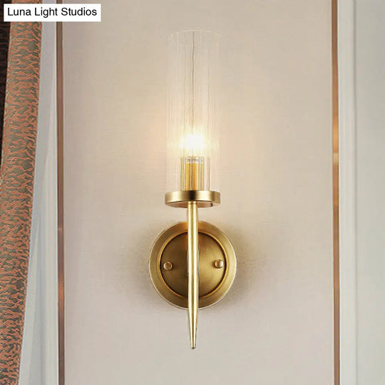 Modern Gold Corner Wall-Mount Lamp With Clear Glass: Cylinder Sconce Lighting