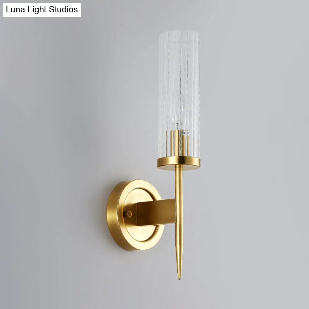 Modern Gold Corner Wall-Mount Lamp With Clear Glass: Cylinder Sconce Lighting