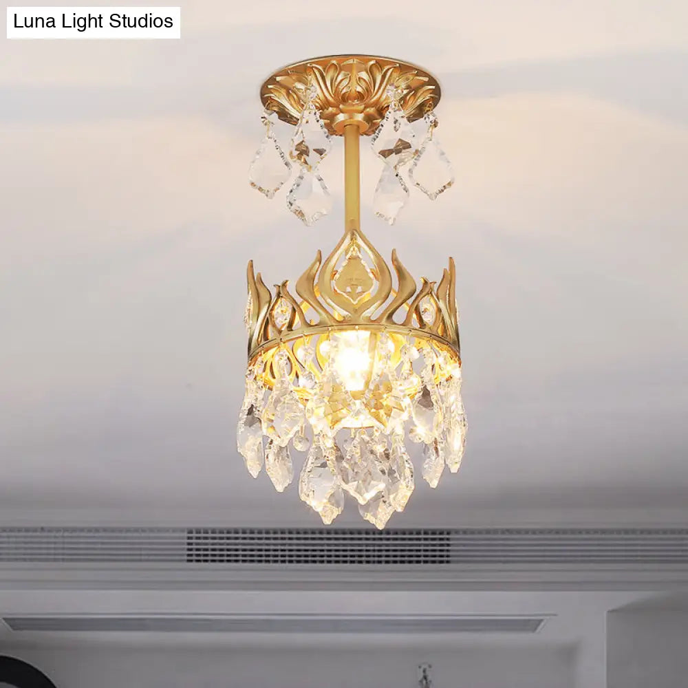 Gold Crown Raindrop Crystal Pendant Lamp Modern 1-Bulb Light Fixture For Restaurants
