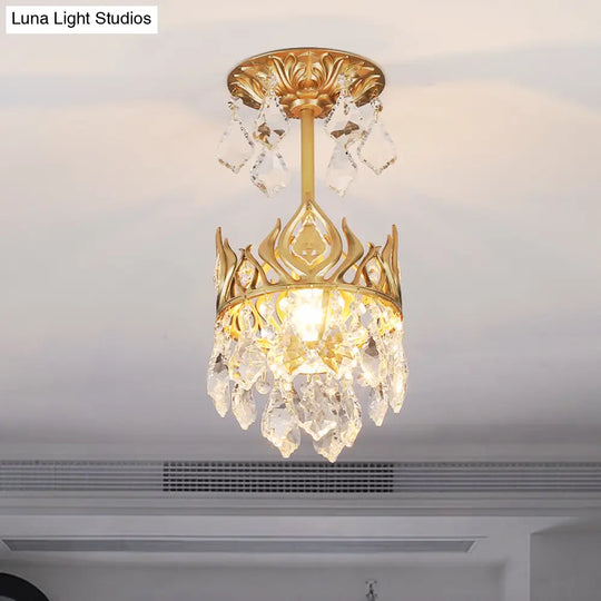 Modern Gold Crown Pendant Light With Cut Crystal And Raindrop Design