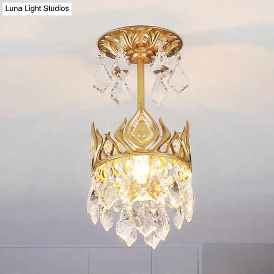 Gold Crown Raindrop Crystal Pendant Lamp Modern 1-Bulb Light Fixture For Restaurants