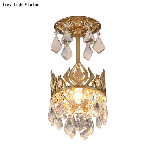 Modern Gold Crown Pendant Light With Cut Crystal And Raindrop Design