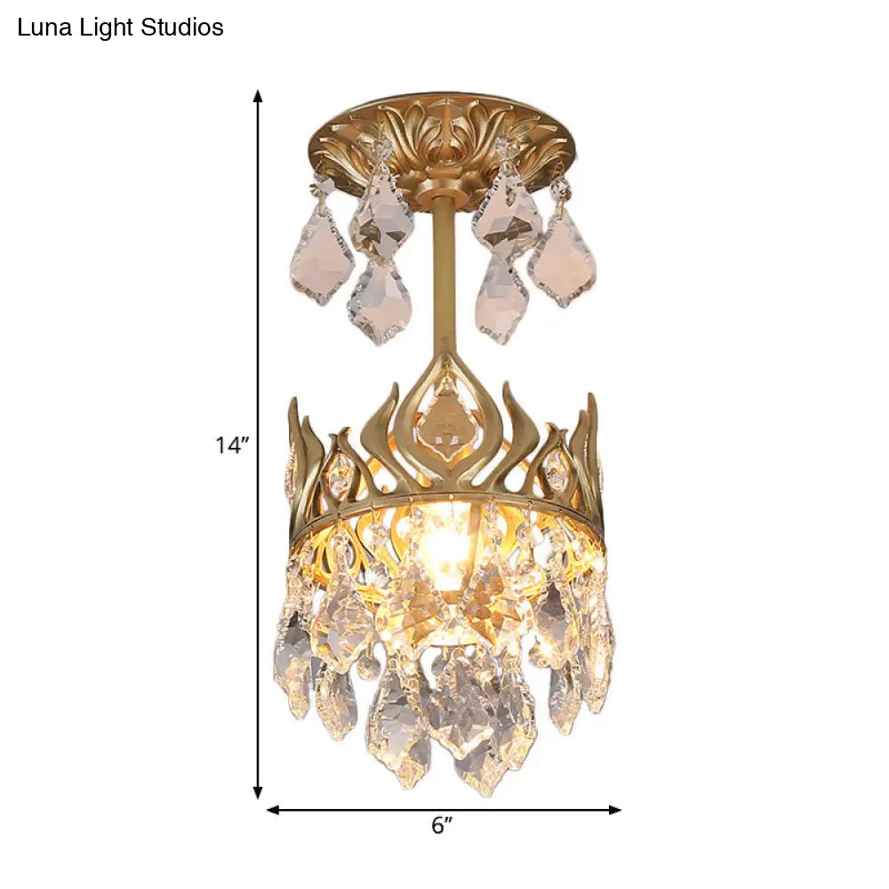 Gold Crown Raindrop Crystal Pendant Lamp Modern 1-Bulb Light Fixture For Restaurants