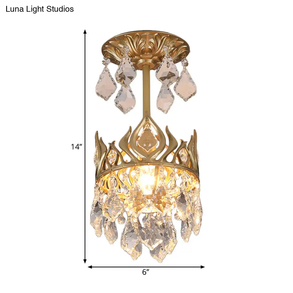 Modern Gold Crown Pendant Light With Cut Crystal And Raindrop Design