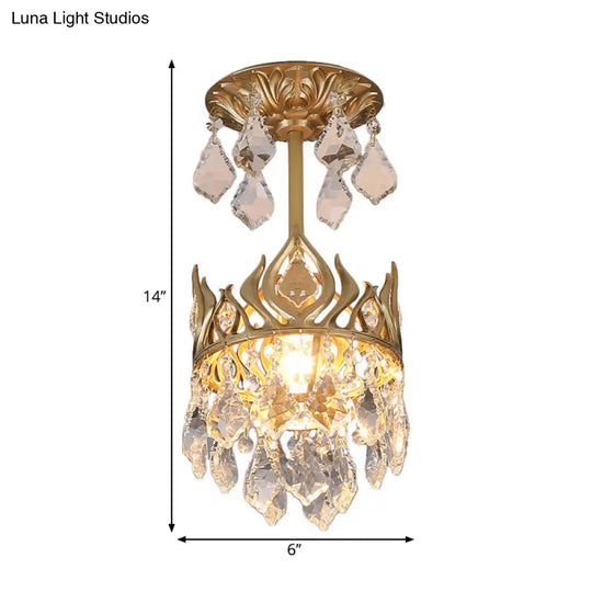 Modern Gold Crown Pendant Light With Cut Crystal And Raindrop Design