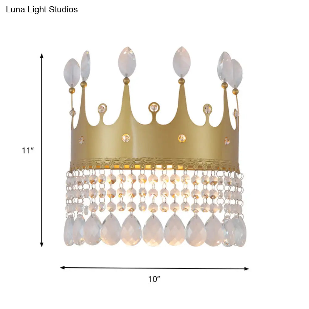 Modern Gold Crown Wall Sconce With Crystal Droplet - 2 Bulbs Metallic Lamp