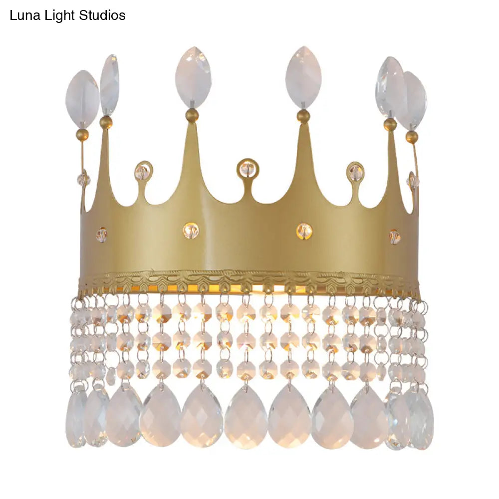 Modern Gold Crown Wall Sconce With Crystal Droplet - 2 Bulbs Metallic Lamp