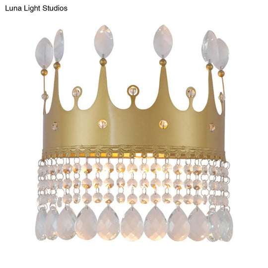 Modern Gold Crown Wall Sconce With Crystal Droplet - 2 Bulbs Metallic Lamp