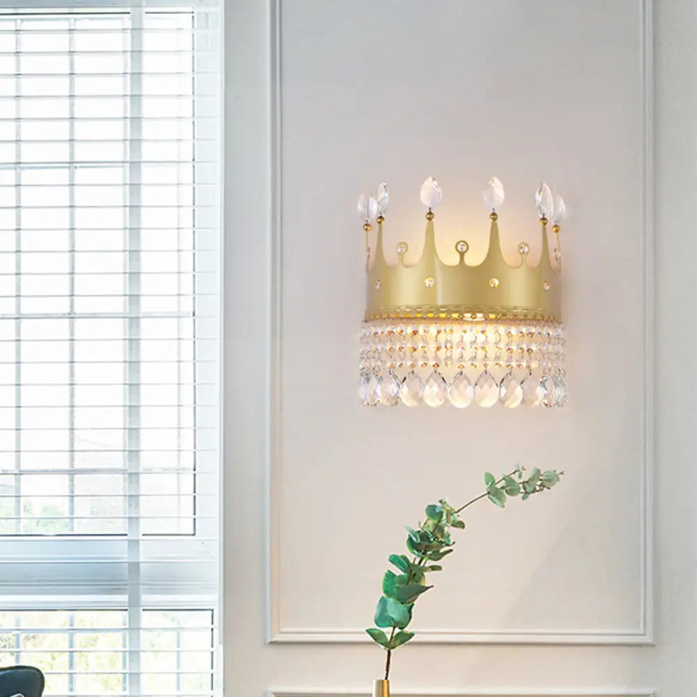 Modern Gold Crown Wall Sconce With Crystal Droplet - 2 Bulbs Metallic Lamp