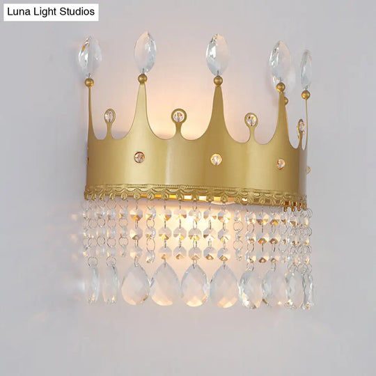 Modern Gold Crown Wall Sconce With Crystal Droplet - 2 Bulbs Metallic Lamp