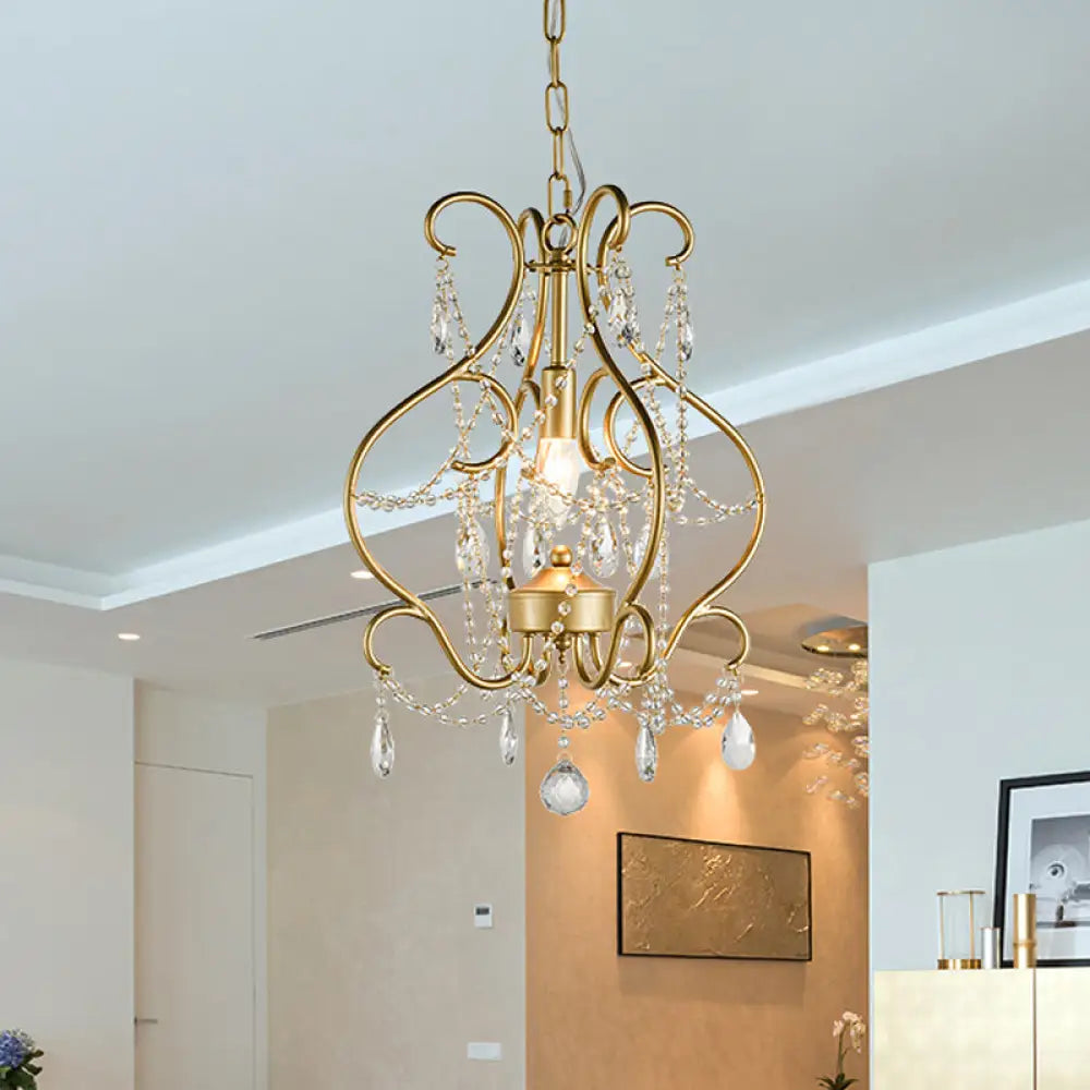 Modern Gold Crystal Beads Pendant Ceiling Lamp With Lantern Design