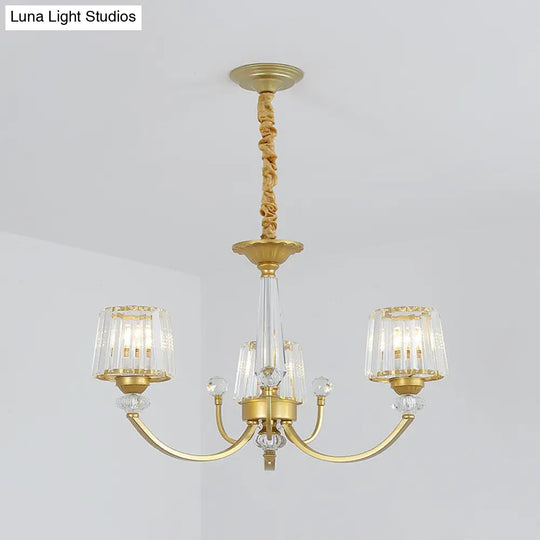 Modern Gold Crystal Block Chandelier - Barrel Design With 3/6 Lights Dining Room Lighting