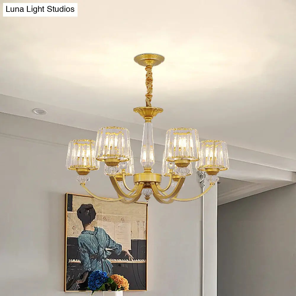 Modern Gold Crystal Block Chandelier - Barrel Dining Room Lighting 3/6 Suspended Pendant Lights