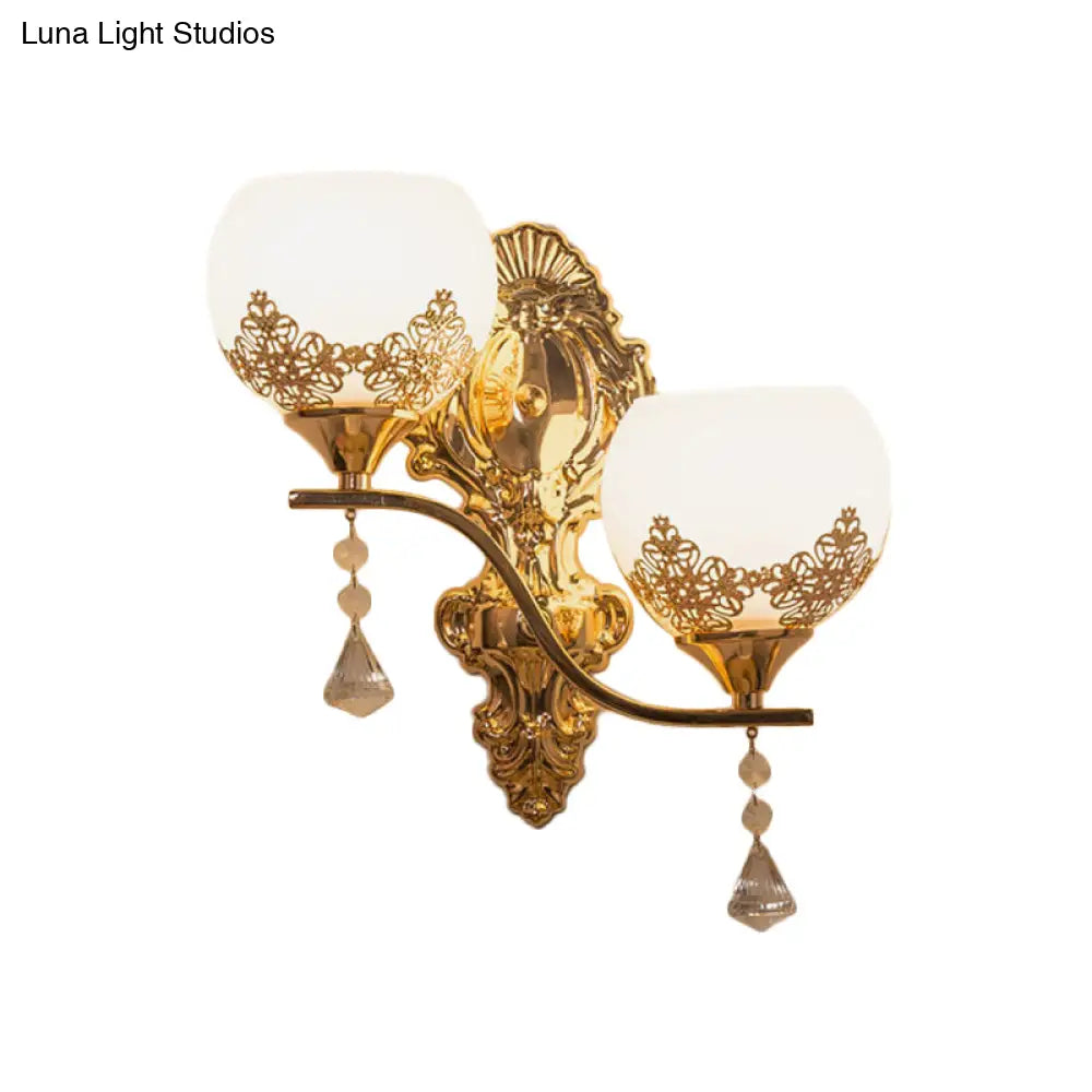 Modern Gold Crystal Bowl Wall Sconce With 2 Bulbs Elegant Lighting Fixture