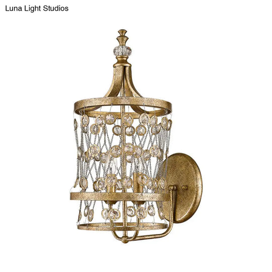 Modern Gold Crystal Candelabra Wall Sconce With Cylinder Cage And 2 Lights