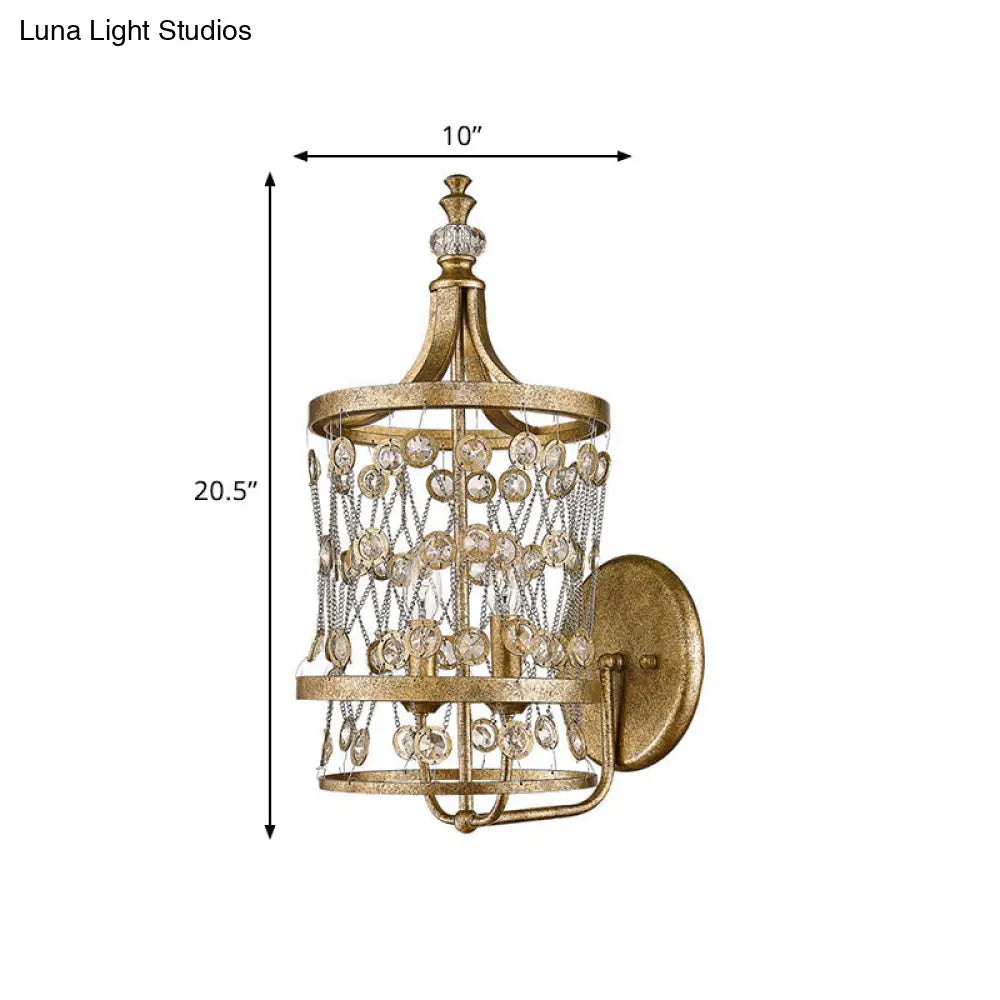 Modern Gold Crystal Candelabra Wall Sconce With Cylinder Cage And 2 Lights