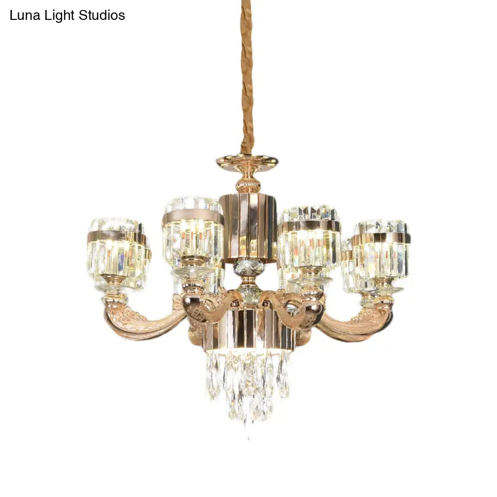 Modern Gold Crystal Chandelier - 6/8 Cylinder Lights Pendant Lamp For Table And Ceiling