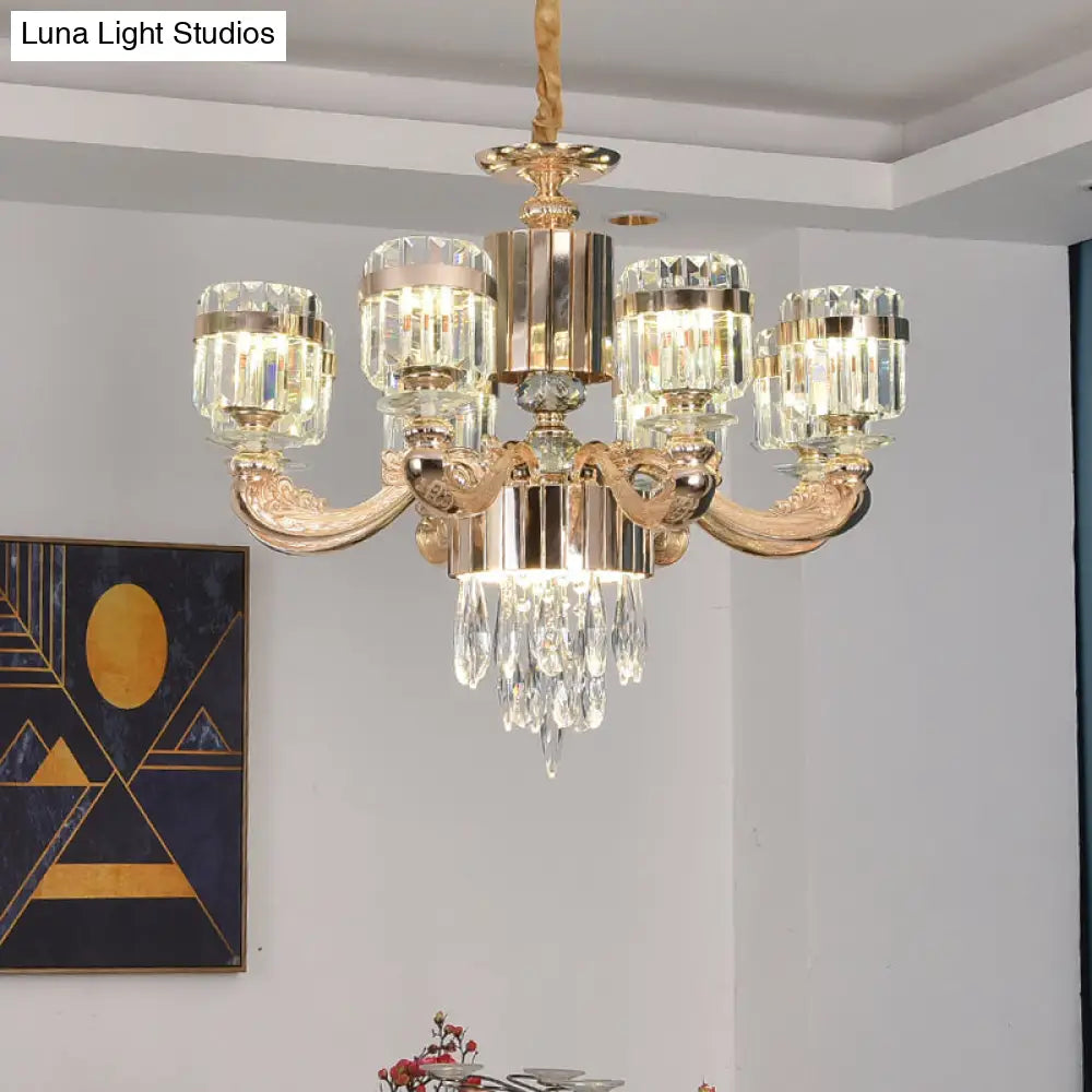 Modern Gold Crystal Chandelier - 6/8 Cylinder Lights Pendant Lamp For Table And Ceiling