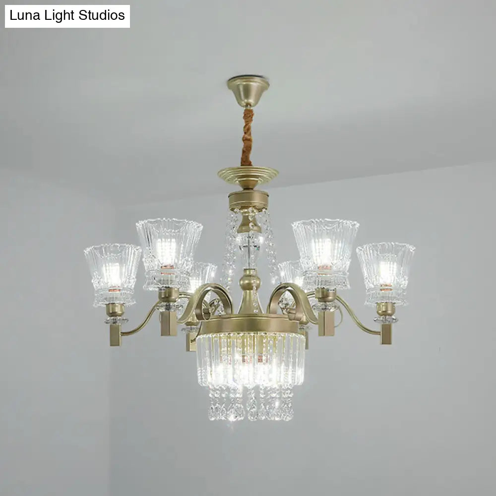 Modern Gold Crystal Chandelier Pendant Lamp With Clear Conical Shades - 6/9-Head Light Fixture For