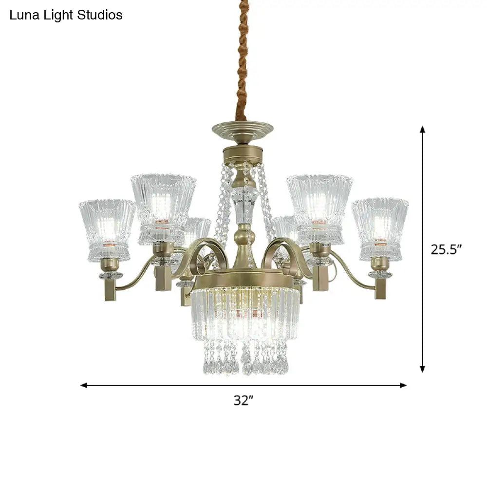 Modern Gold Crystal Chandelier Pendant Lamp With Clear Conical Shades - 6/9-Head Light Fixture For